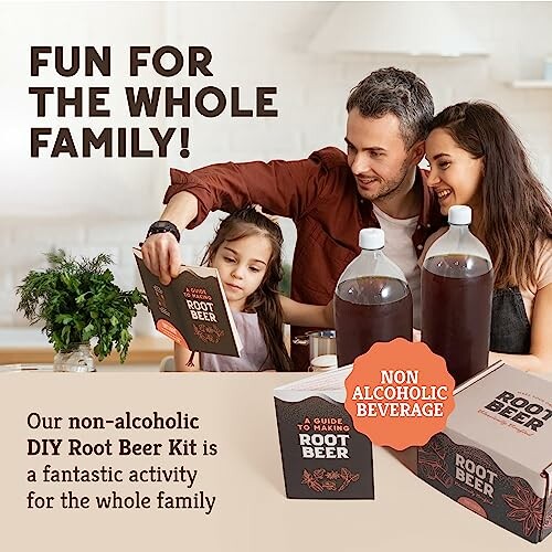 Family enjoying DIY root beer kit activity.