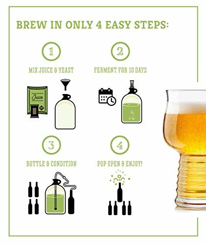 Four-step brewing process illustration with icons and a glass of beer.