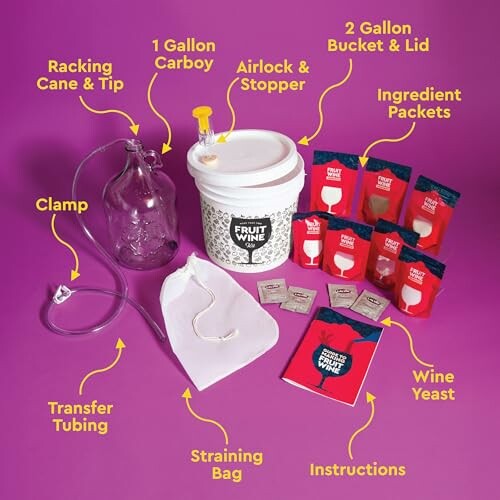 Home wine making kit with carboy, bucket, ingredient packets, and accessories on purple background.
