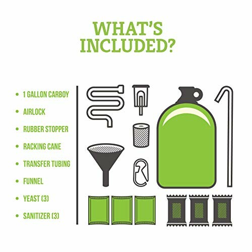 Illustration of contents in a homebrewing kit including a 1-gallon carboy, airlock, rubber stopper, racking cane, transfer tubing, funnel, yeast packets, and sanitizer.