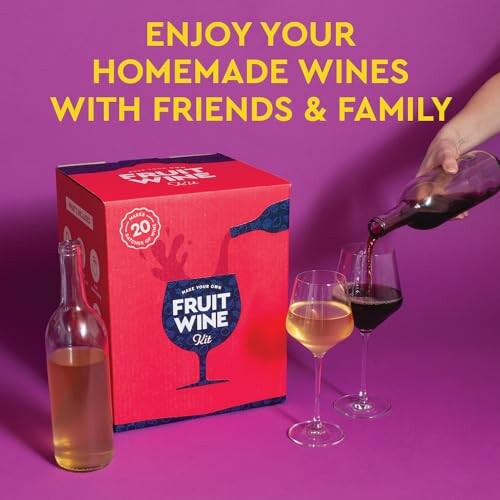 Fruit wine kit with two glasses being filled, purple background.