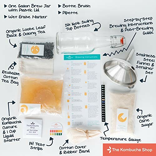 Kombucha brewing kit with various equipment and ingredients labeled.