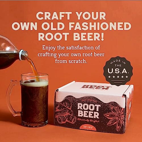 Root beer crafting kit with glass mug and pouring drink.