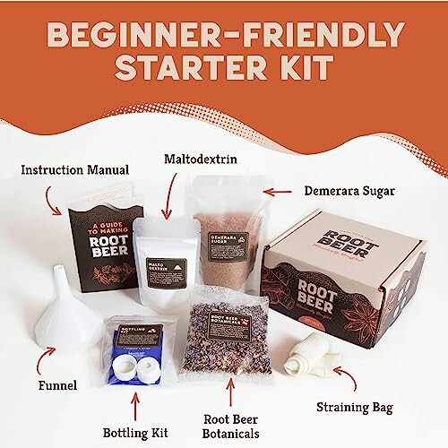 Root beer beginner-friendly starter kit with ingredients and tools.